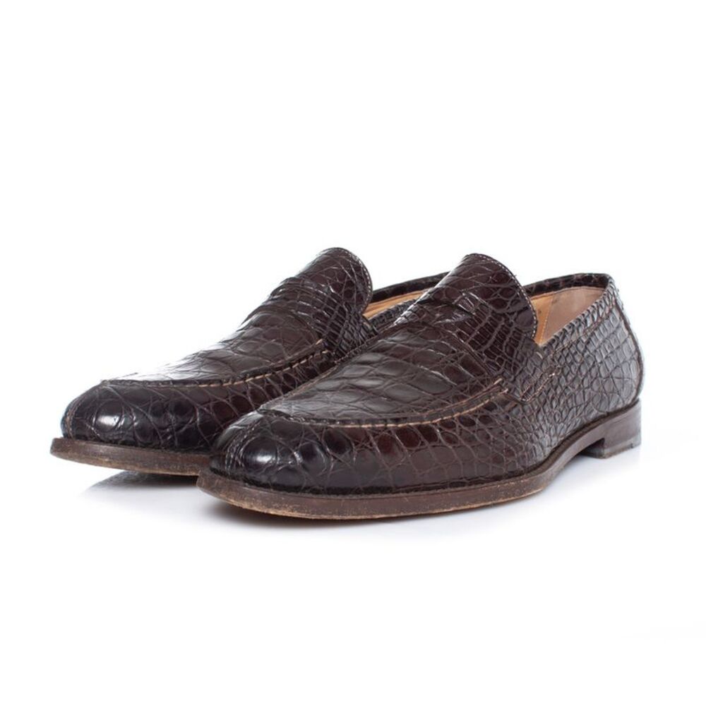 Santoni brown alligator leather penny loafers